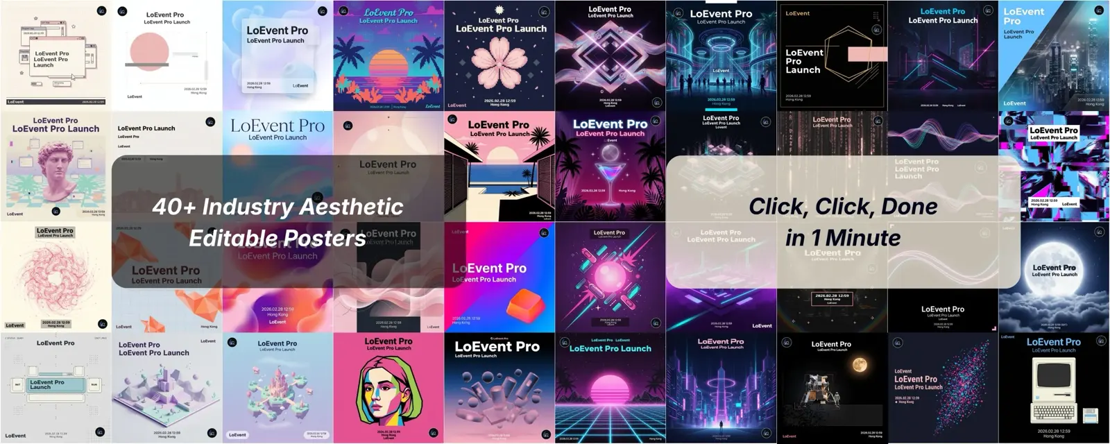 LoEvent Pro AI-generated posters in 40+ art styles for AI conferences, developer meetups, and Web3 events, optimized for social media and print